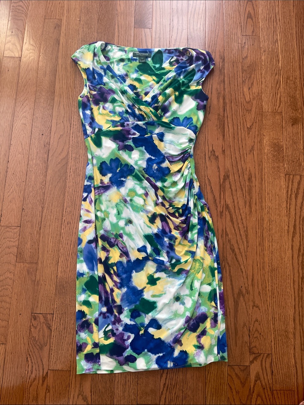 Lauren Ralph Lauren Green Blue Yellow Floral Faux-Wrap Midi Dress